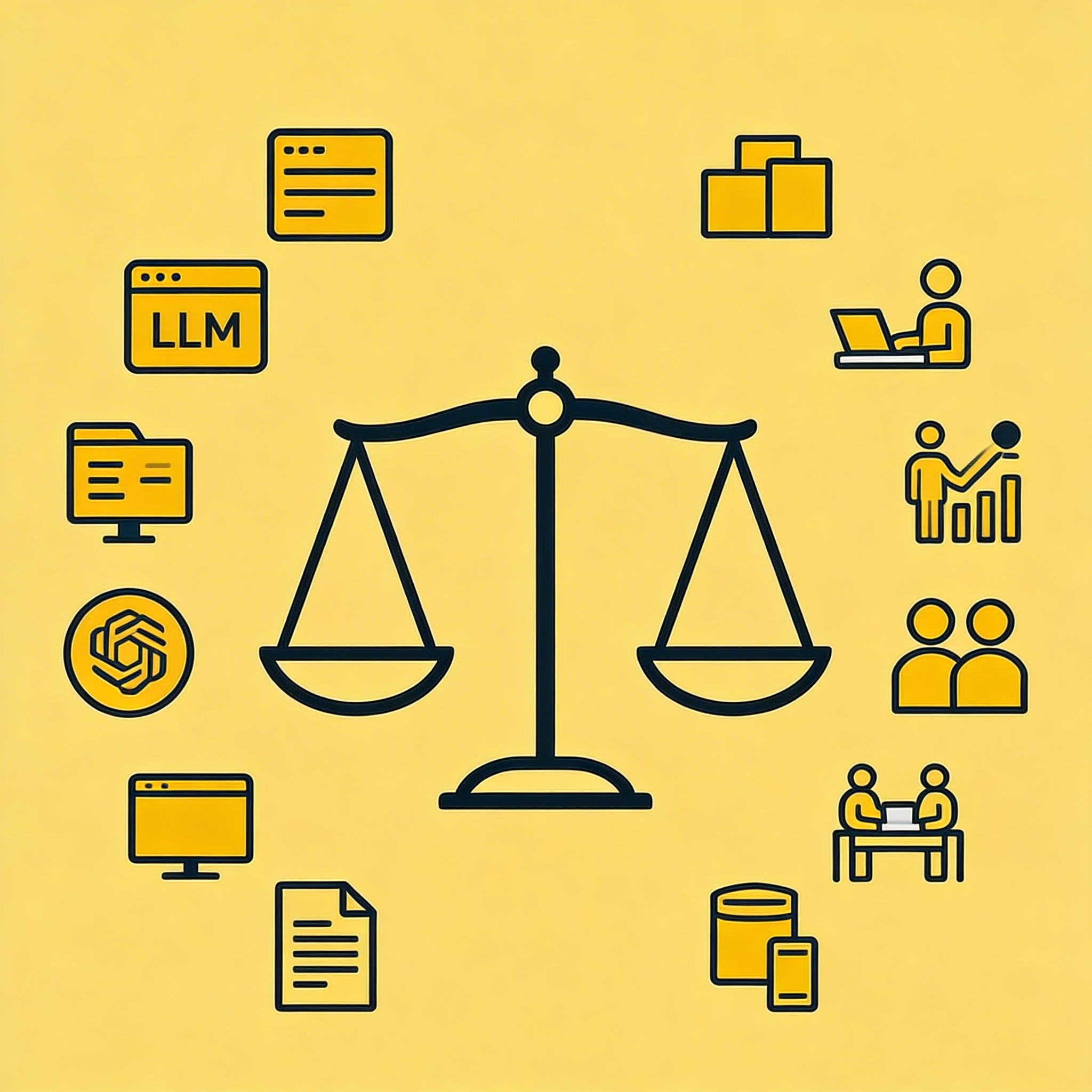 Balance scale comparing different coding LLM designs and training approaches on each side
